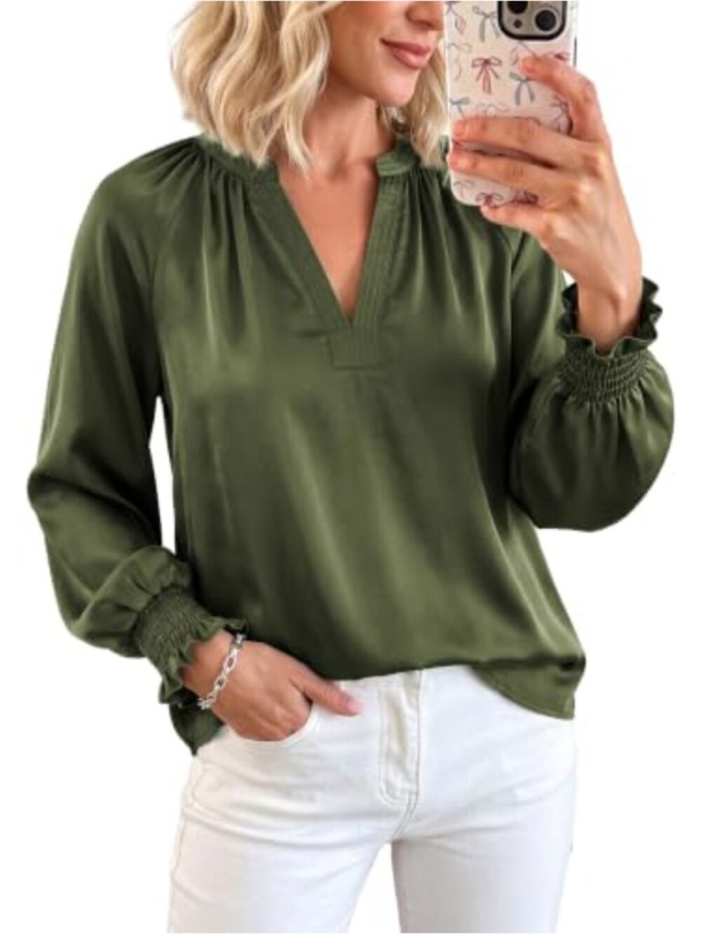 Satin Blouse V-Neck Long Sleeve Smocked Cuff Top